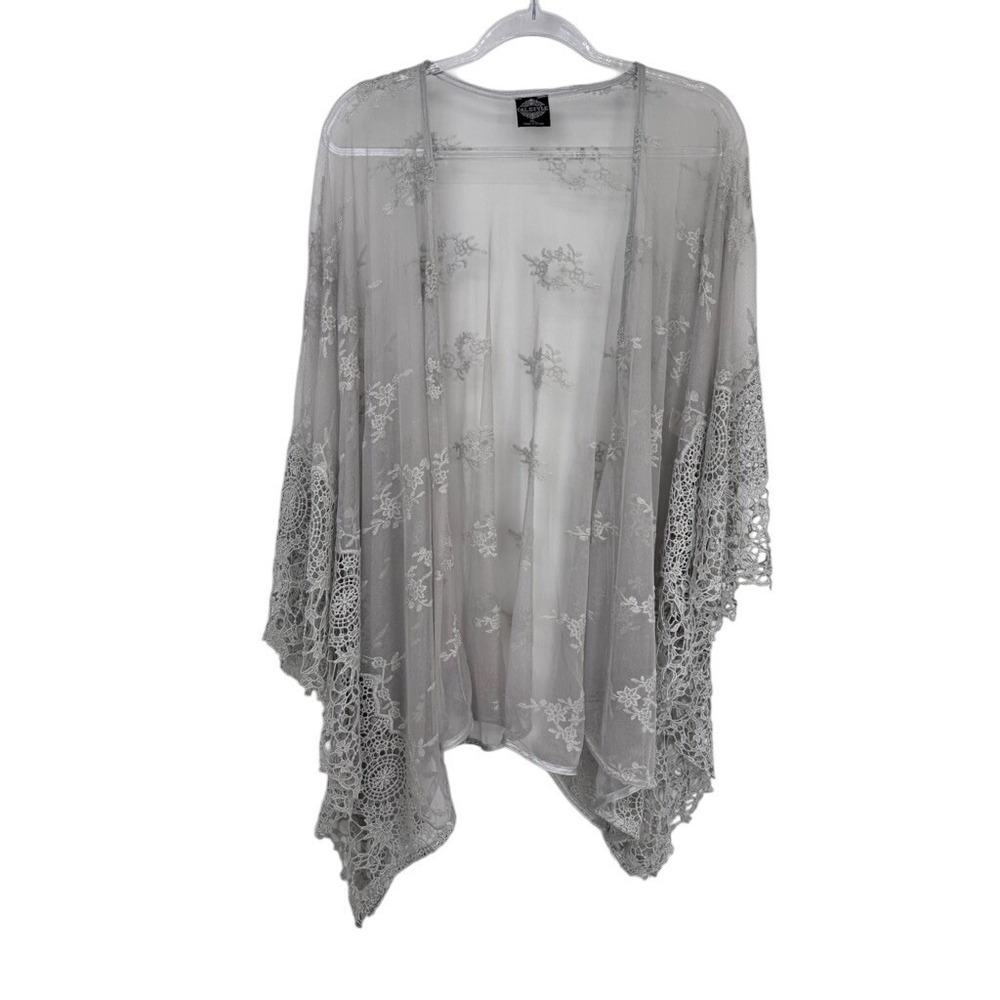 Cal Style Kimono Top Womens XL Silver Lace Crochet Witchy Romantic Fairy - Picture 2 of 15